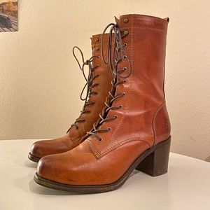 Frye Lace Up Mid Shaft Combat Boots - Cognac, 9